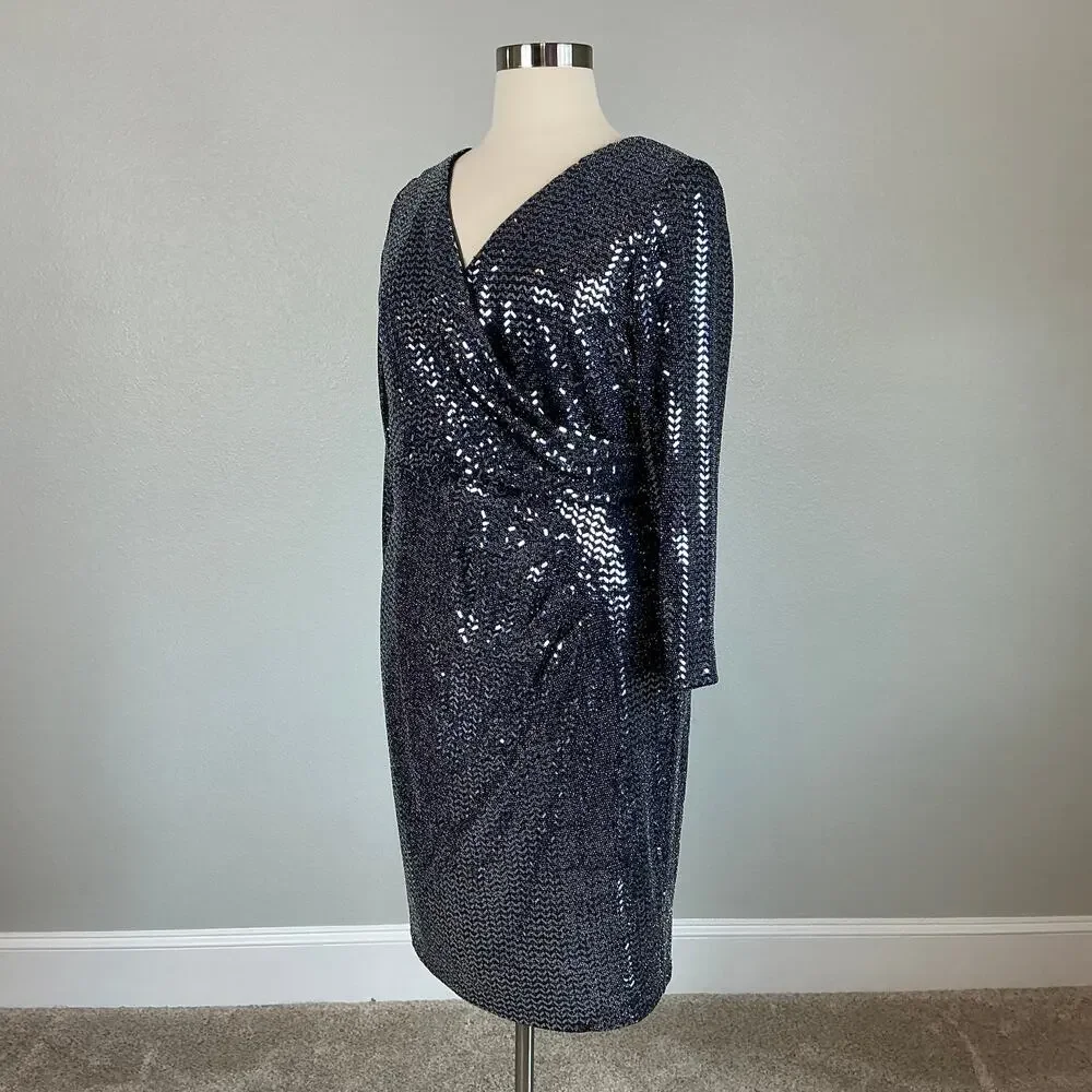 Betsy & Adam Sparkly Long Sleeve V-Neck Sheath Cocktail Dress Size 18W Navy Blue - Picture 5 of 13